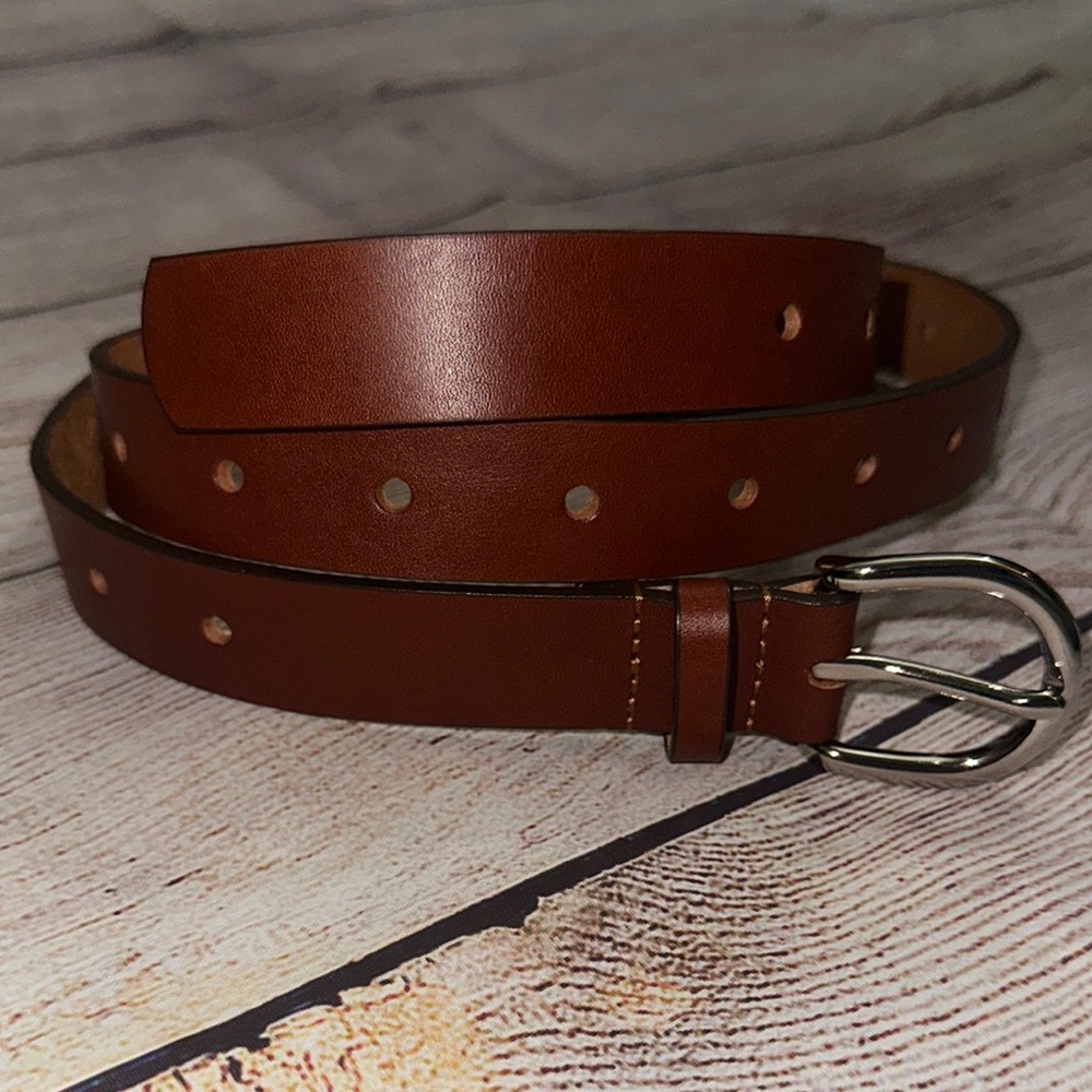 Women's Slim Leather Belt in Brown with Polished Silver Buckle